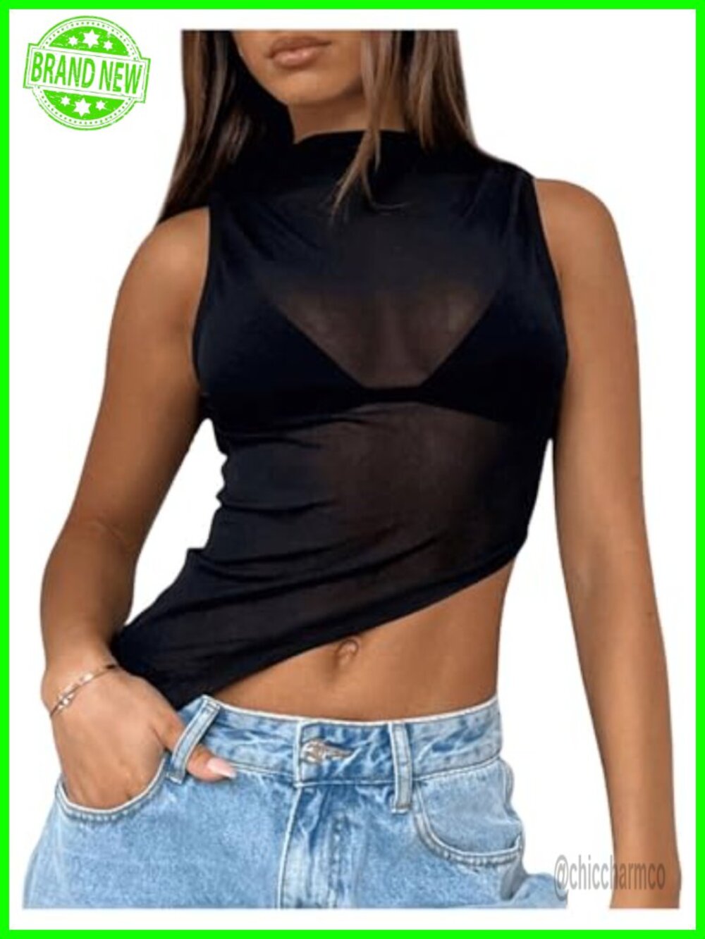 Sheer Mesh Mock Neck Sleeveless Crop Tank Top Slim Fit Summer Going Out